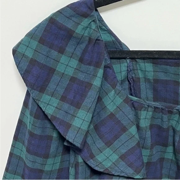 J. Crew Blackwatch Trendy Green Blue Flannel ruffled plaid squareneck ruffle top - Picture 7 of 11